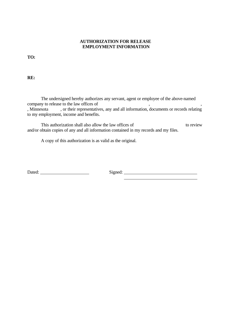 Authorization To Release Employment Information Minnesota Fill Out 
