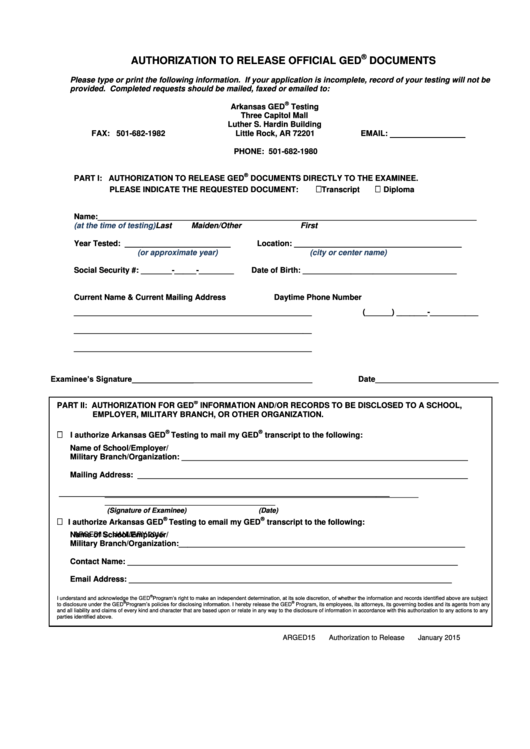 Authorization To Release Official Ged Documents Form 2015 Printable Pdf 