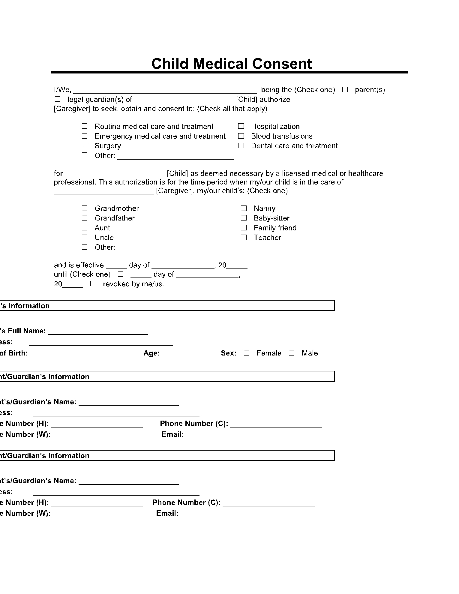 Basic Printable Medical Consent Form For Minor Printable Form