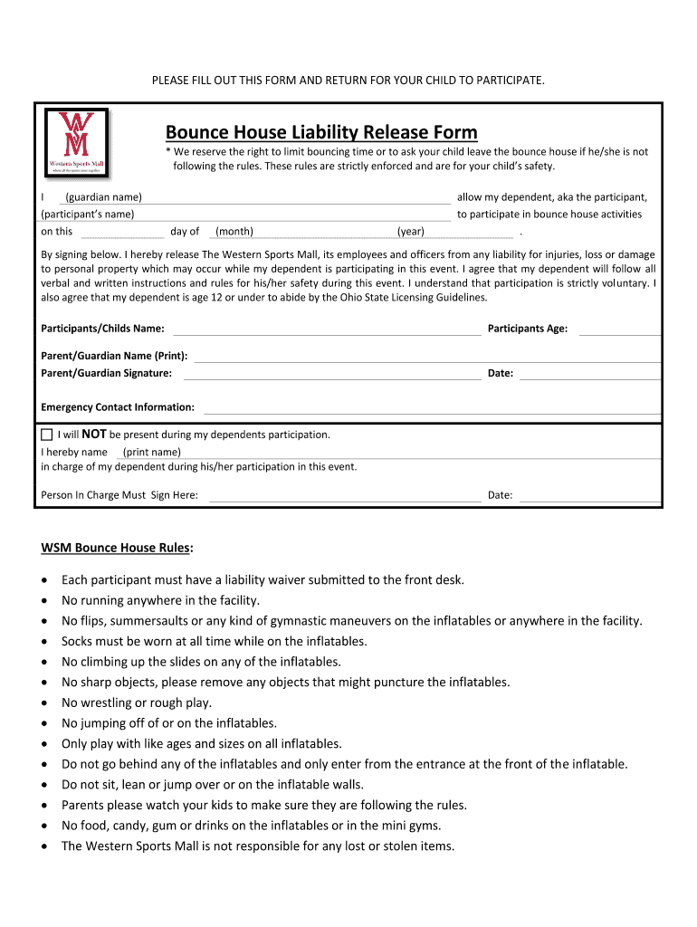 Bounce House Liability Release Form Fill Online Printable Fillable 