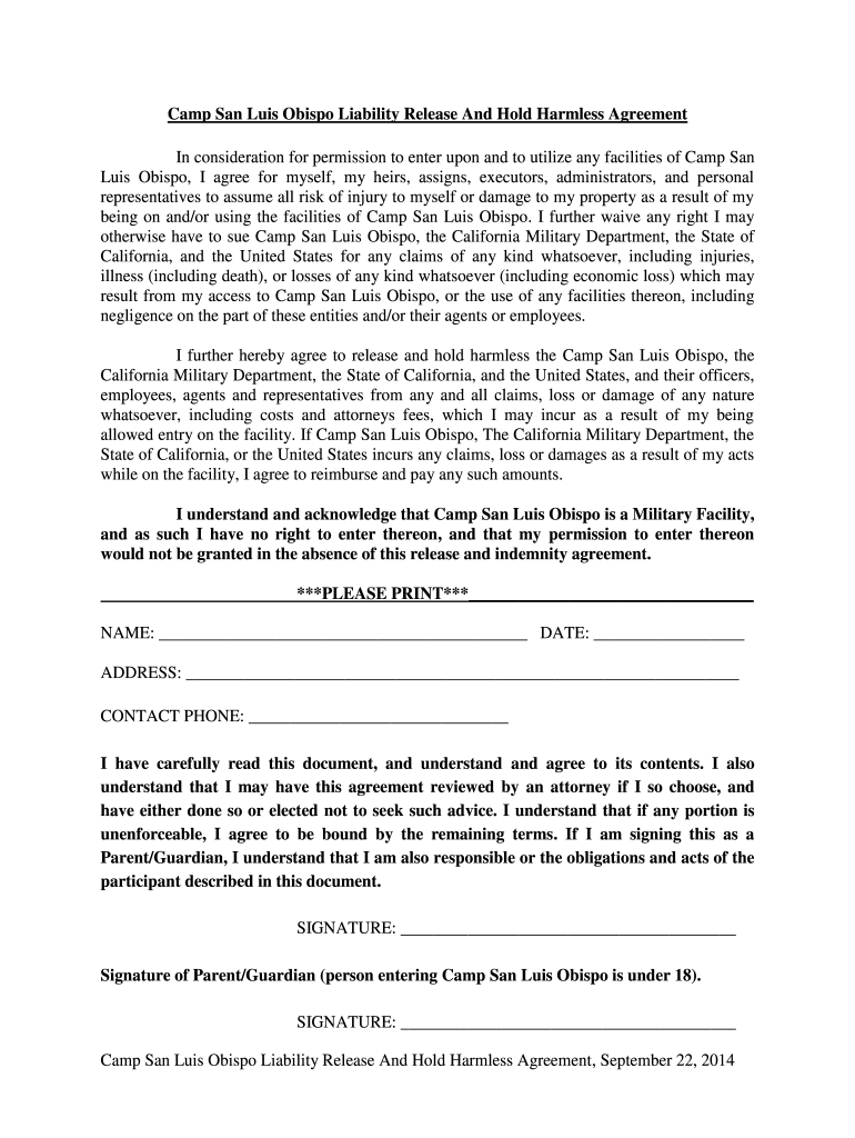 Camp Slo Liability Release Form Fill Out And Sign Printable PDF 