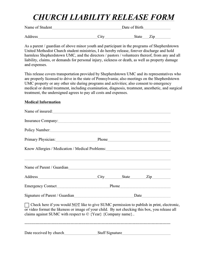 Church Liability Release Form In Word And Pdf Formats