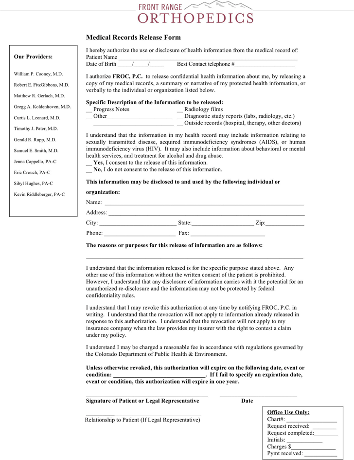 Colorado Medical Records Release Form Download Free Printable Blank 