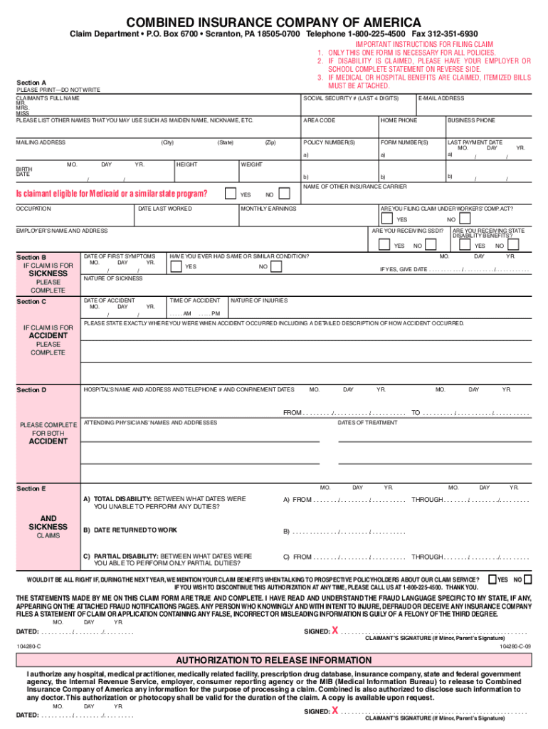 Combined Insurance Claim Forms Printable Customize And Print