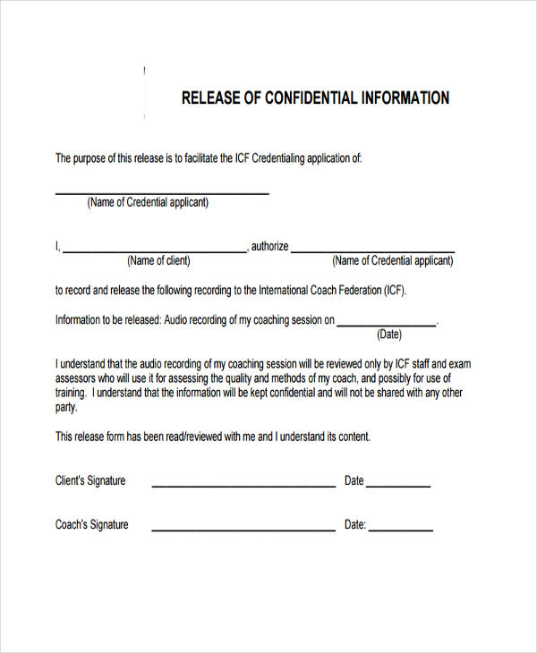 Confidenciality Release Of General Information Template Form Printable