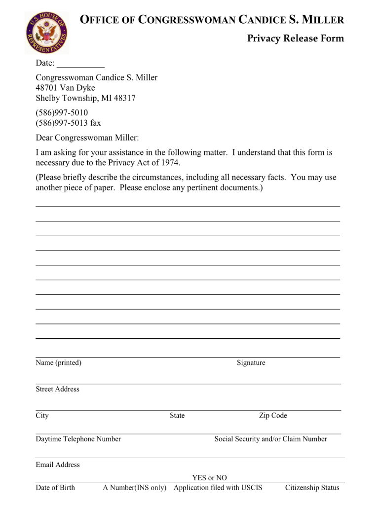 Congressional Privacy Release Form Fill Online Printable Fillable