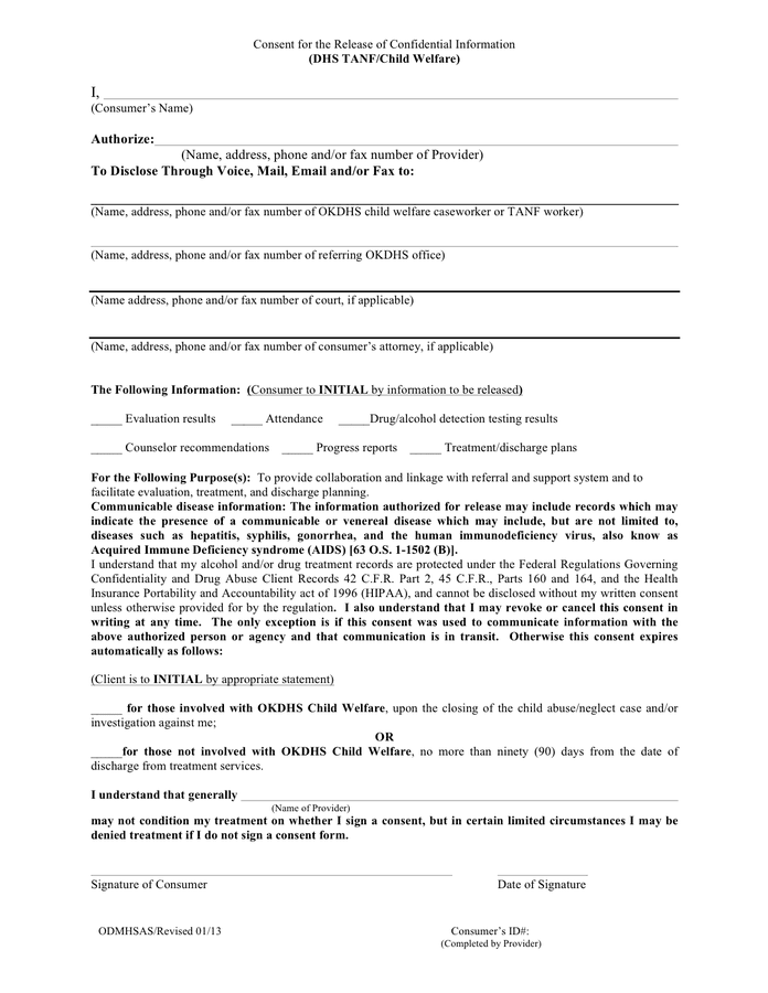 Consent For The Release Of Confidential Information Form In Word And 