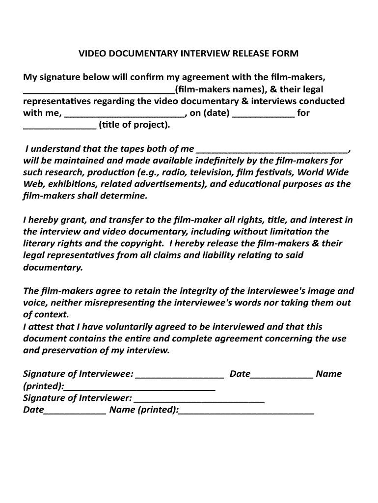 Documentary Release Form Fill Online Printable Fillable Blank