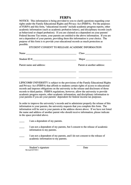 Ferpa Form Student Consent To Release Academic Information Printable 