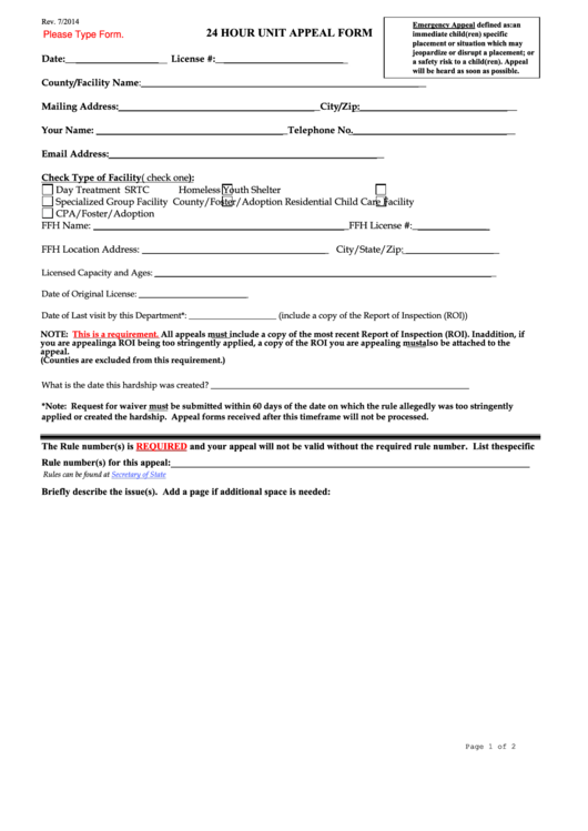 Fillable 24 Hour Unit Appeal Form Colorado Department Of Human