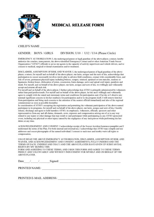 Fillable Ayso Extra Medical Release Form Printable Pdf Download