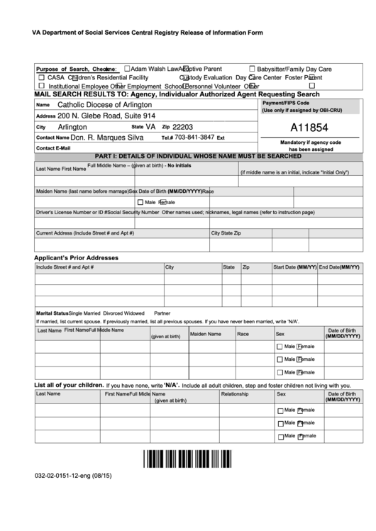 Fillable Central Registry Release Of Information Form Va Department 