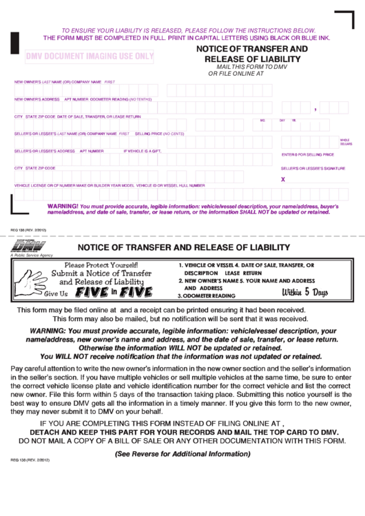 Fillable Form Reg 138 Notice Of Transfer And Release Of Liability 