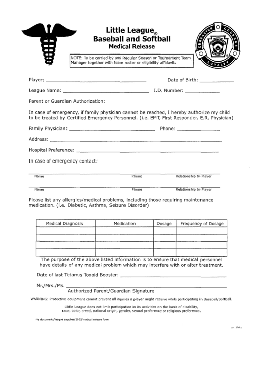 Fillable Little League Baseball And Softball Medical Release Printable 