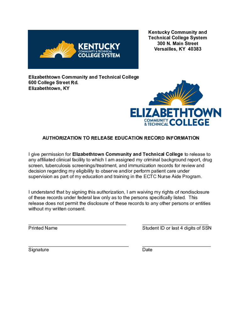 Fillable Online Elizabethtown Kctcs FERPA Consent Form For Release Of 