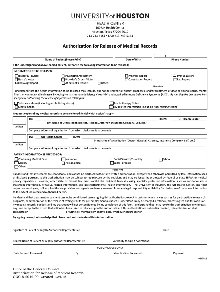 Fillable Online Uh Authorization For Release Of Medical Records OGC