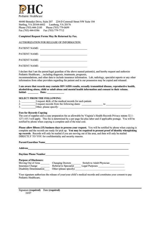 Fillable Records Release Form Pediatric Healthcare Printable Pdf Download