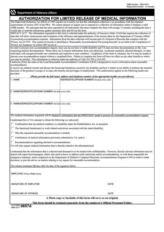 Fillable Va Form 0857d Authorization For Limited Release Of Medical 