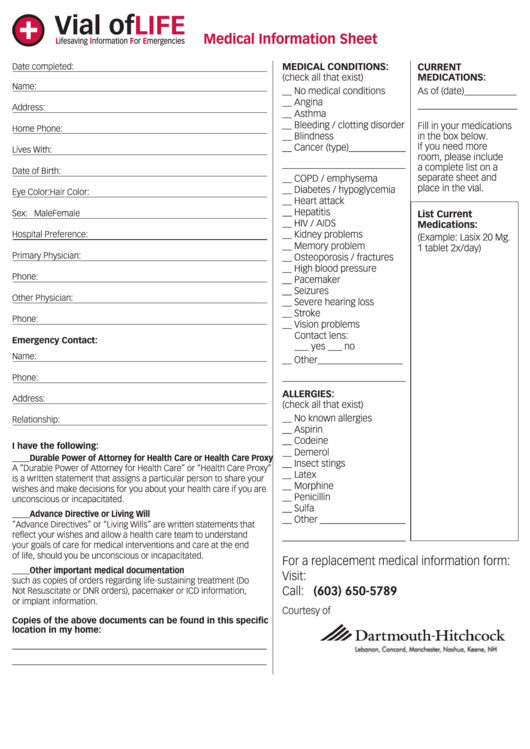 Fillable Vial Of Life Medical Information Sheet Dartmouth Hitchcock