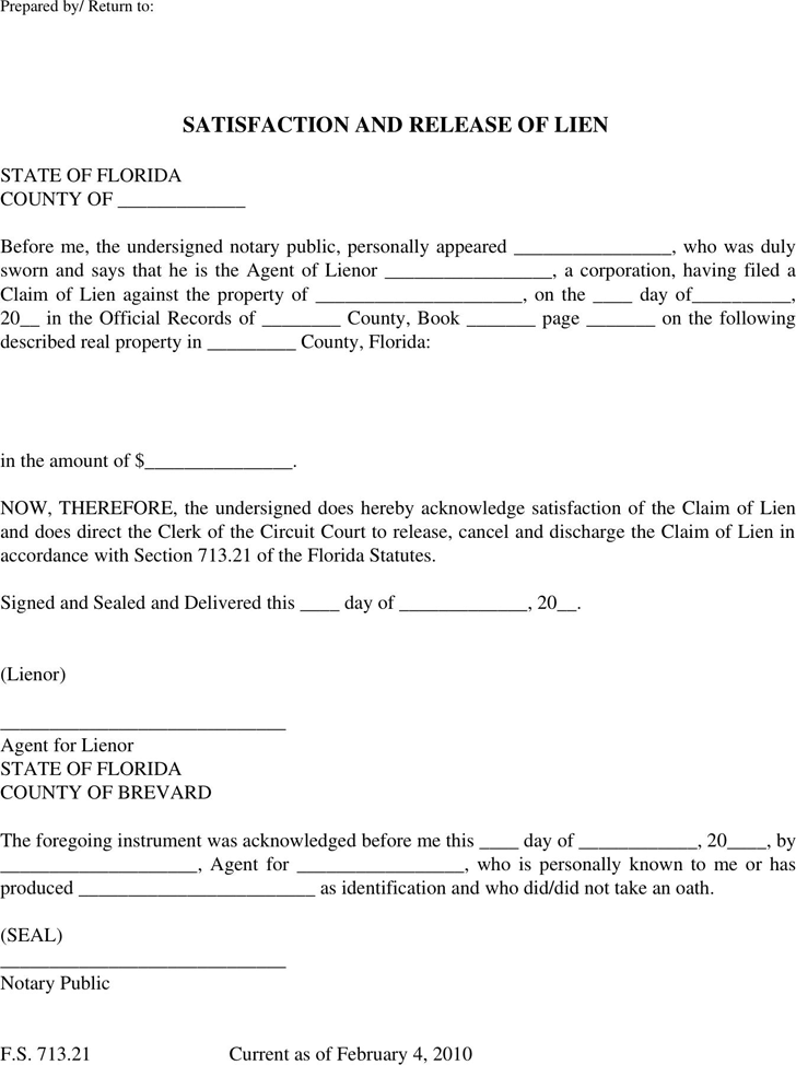 Florida Lien Release Form 1 Release Form Legal Forms