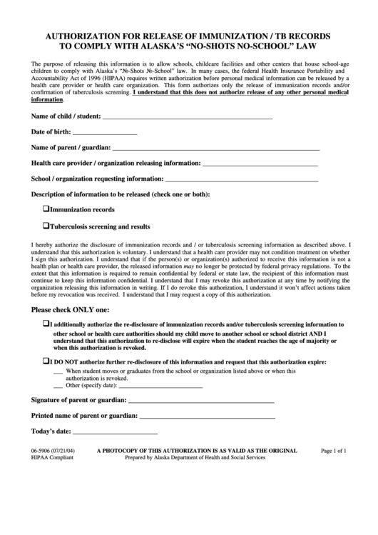 Form 06 5906 Authorization For Release Of Immunization Tb Records 