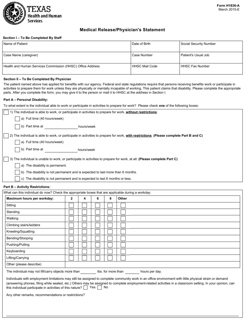 Form 1836 a Medical Release physician s Statement ReleaseForm