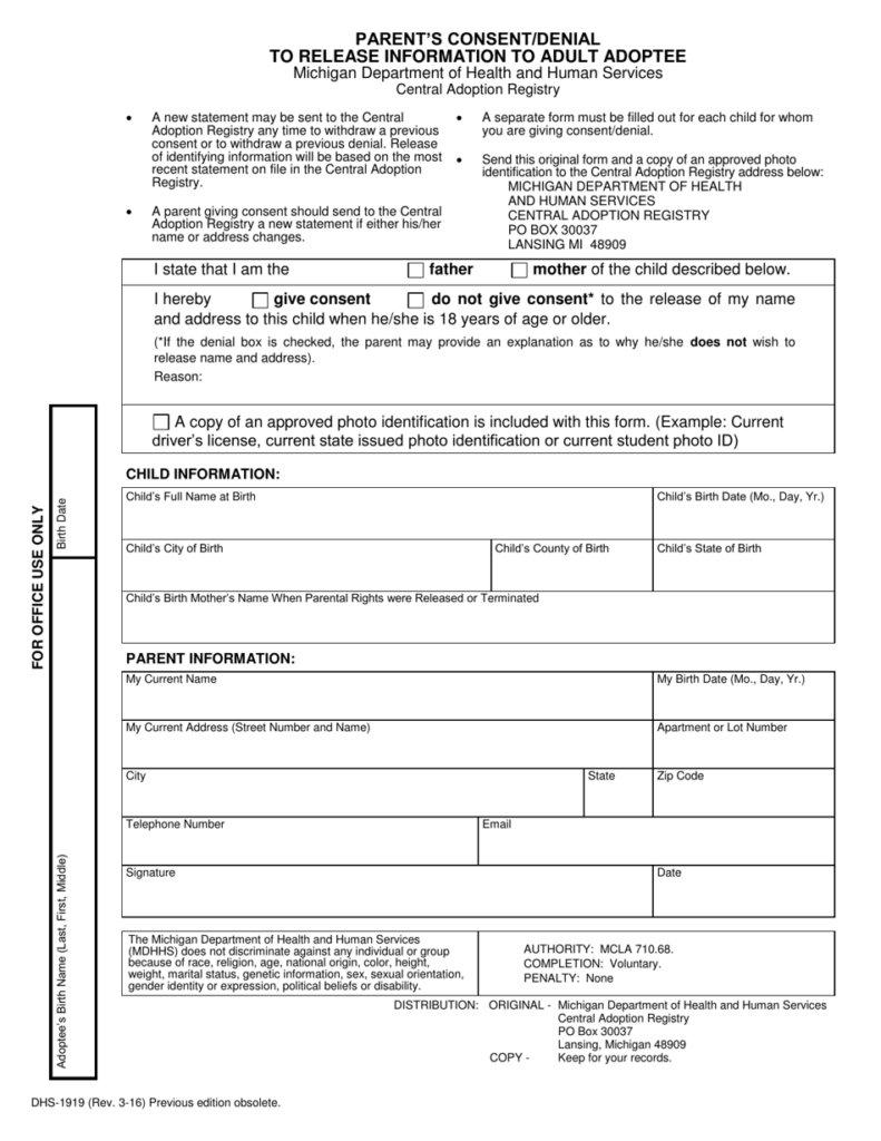 Form DHS 1919 Download Fillable PDF Or Fill Online Parent s Consent 