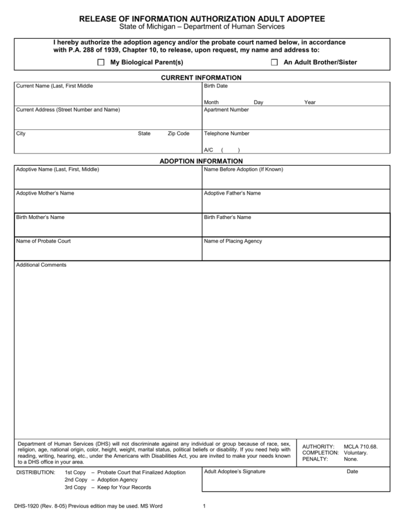 Form DHS 1920 Download Printable PDF Or Fill Online Release Of 