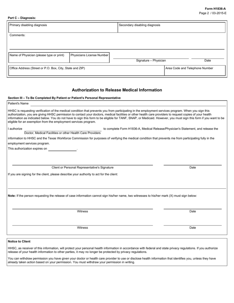 Form H1836 A Download Fillable PDF Or Fill Online Medical Release 