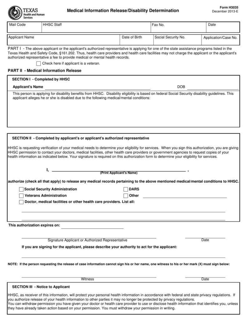 Form H3035 Download Fillable PDF Or Fill Online Medical Information 