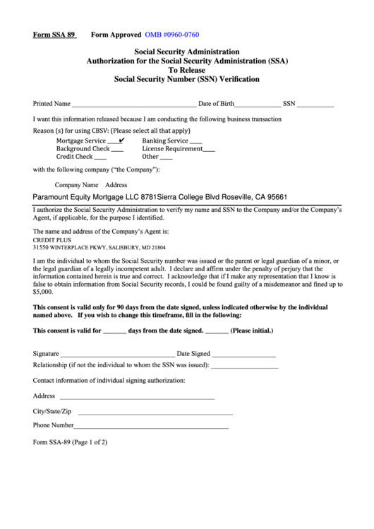 Form Ssa 89 Authorization For The Ssa To Release Social Security 