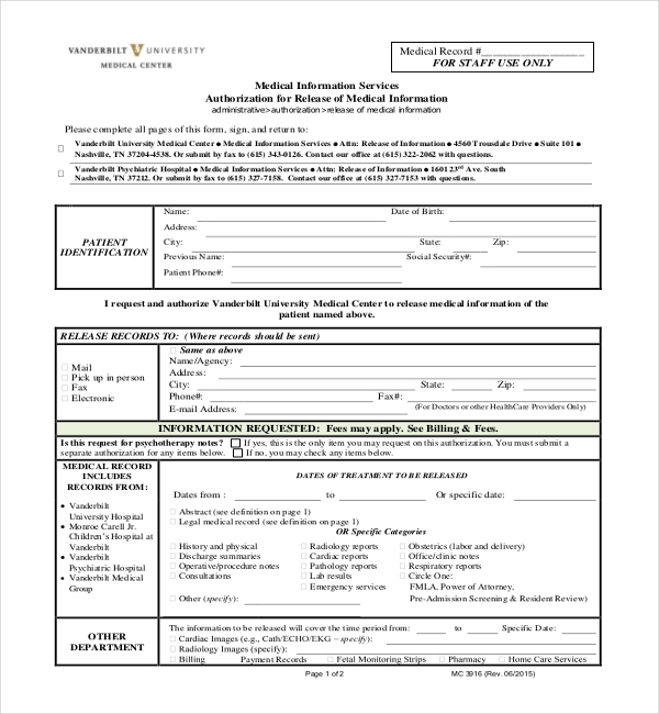 FREE 21 Sample Medical Records Release Forms In PDF Word Excel