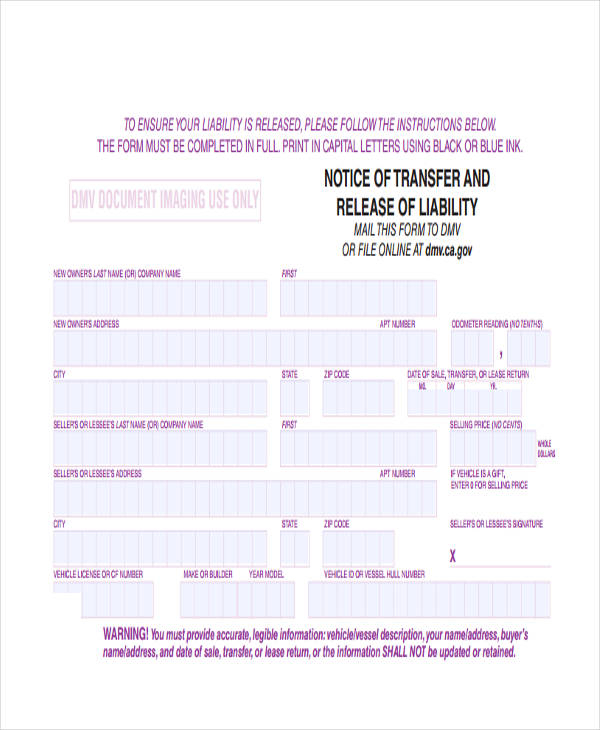 FREE 5 Sample DMV Release Of Liability Forms In PDF MS Word