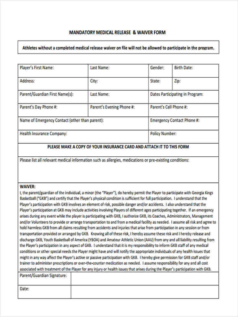 FREE 7 Sample Basketball Waiver Forms In MS Word PDF