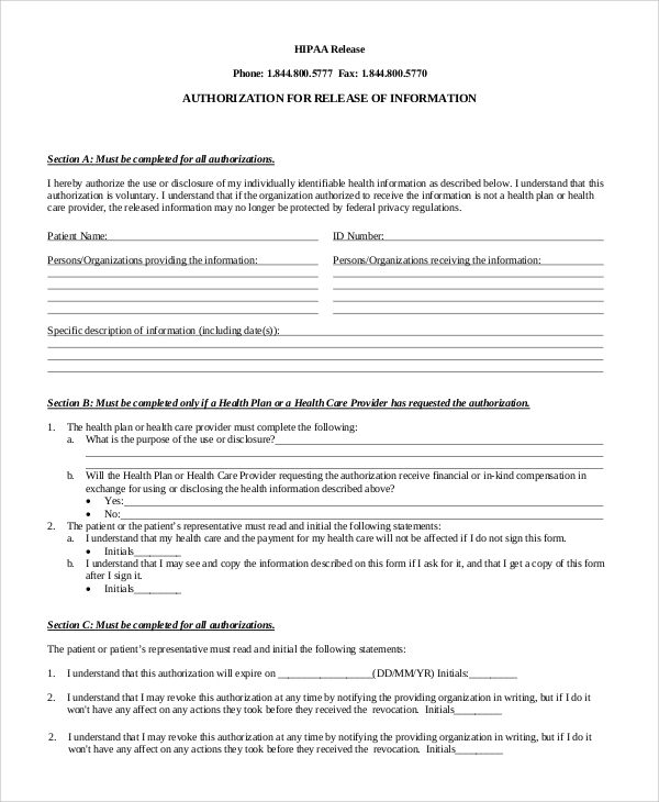 FREE 8 Sample Hipaa Release Forms In PDF MS Word