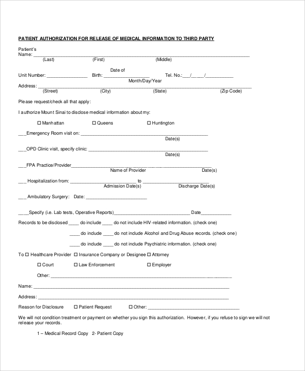 FREE 8 Sample Medical Authorization Release Forms In MS Word PDF