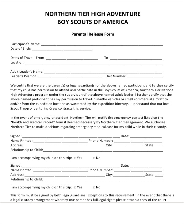 FREE 8 Sample Parent Release Forms In MS Word PDF
