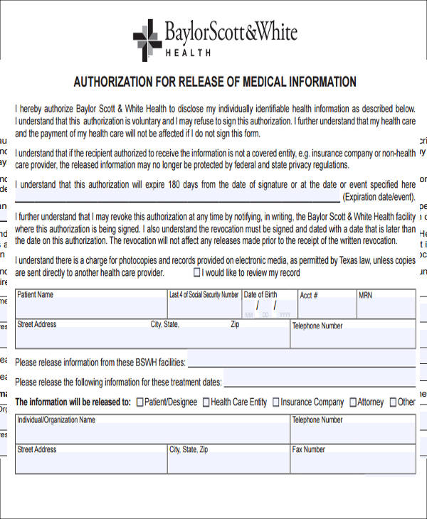 FREE 9 Release Of Medical Information Form Samples In MS Word PDF