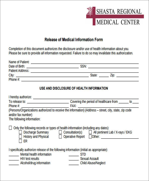 FREE 9 Release Of Medical Information Form Samples In MS Word PDF