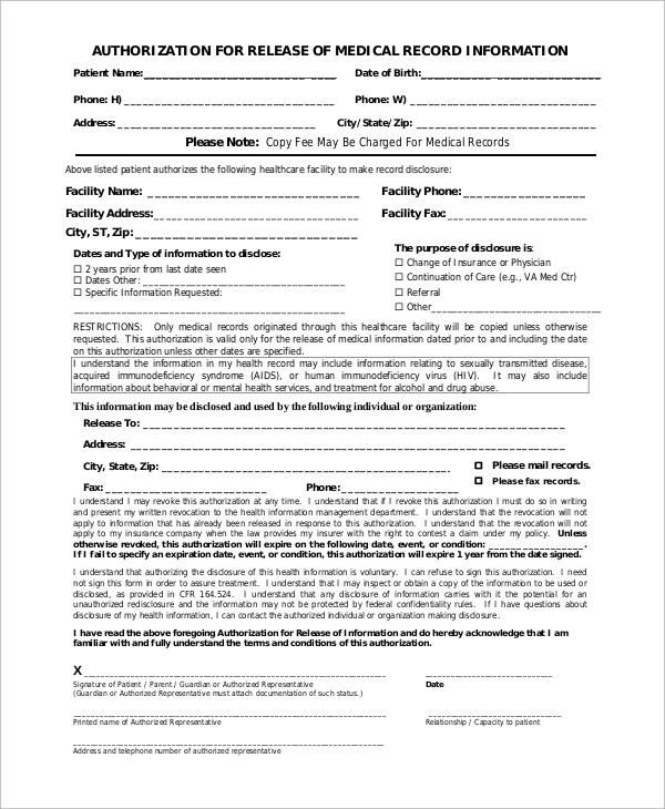 FREE 9 Sample Medical Release Forms In PDF