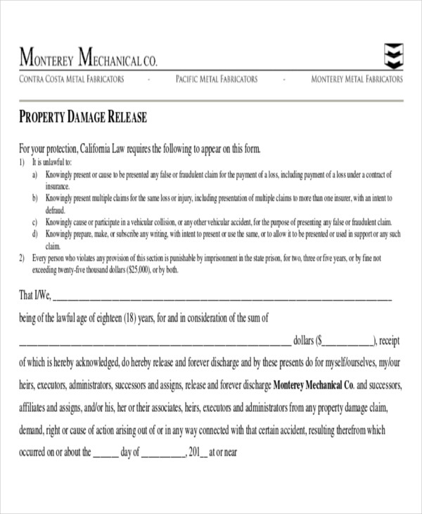 FREE 9 Sample Property Damage Release Forms In MS Word PDF