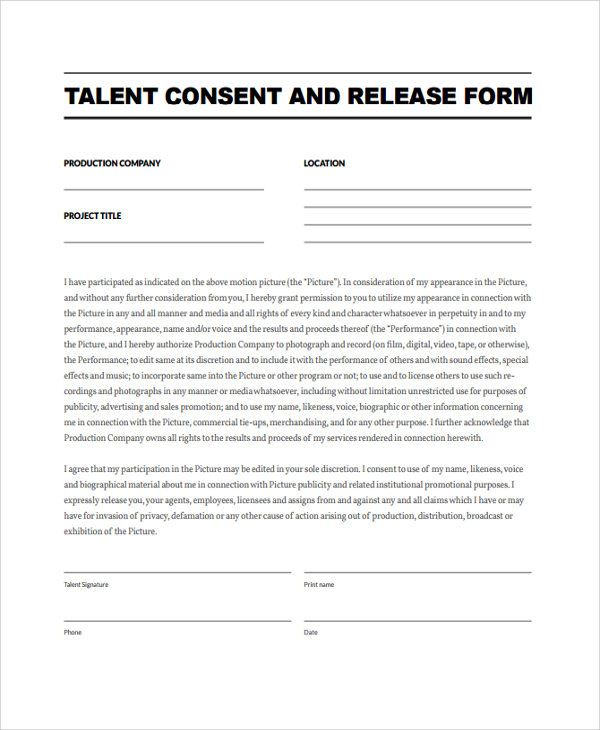 FREE 9 Sample Talent Release Form Templates In PDF MS Word