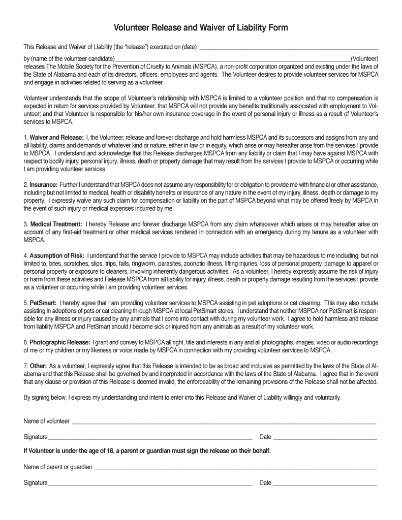 Free Alabama Volunteer Release And Waiver Of Liability Form PDF 