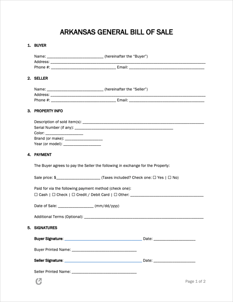 Free Arkansas General Bill Of Sale Form PDF WORD RTF