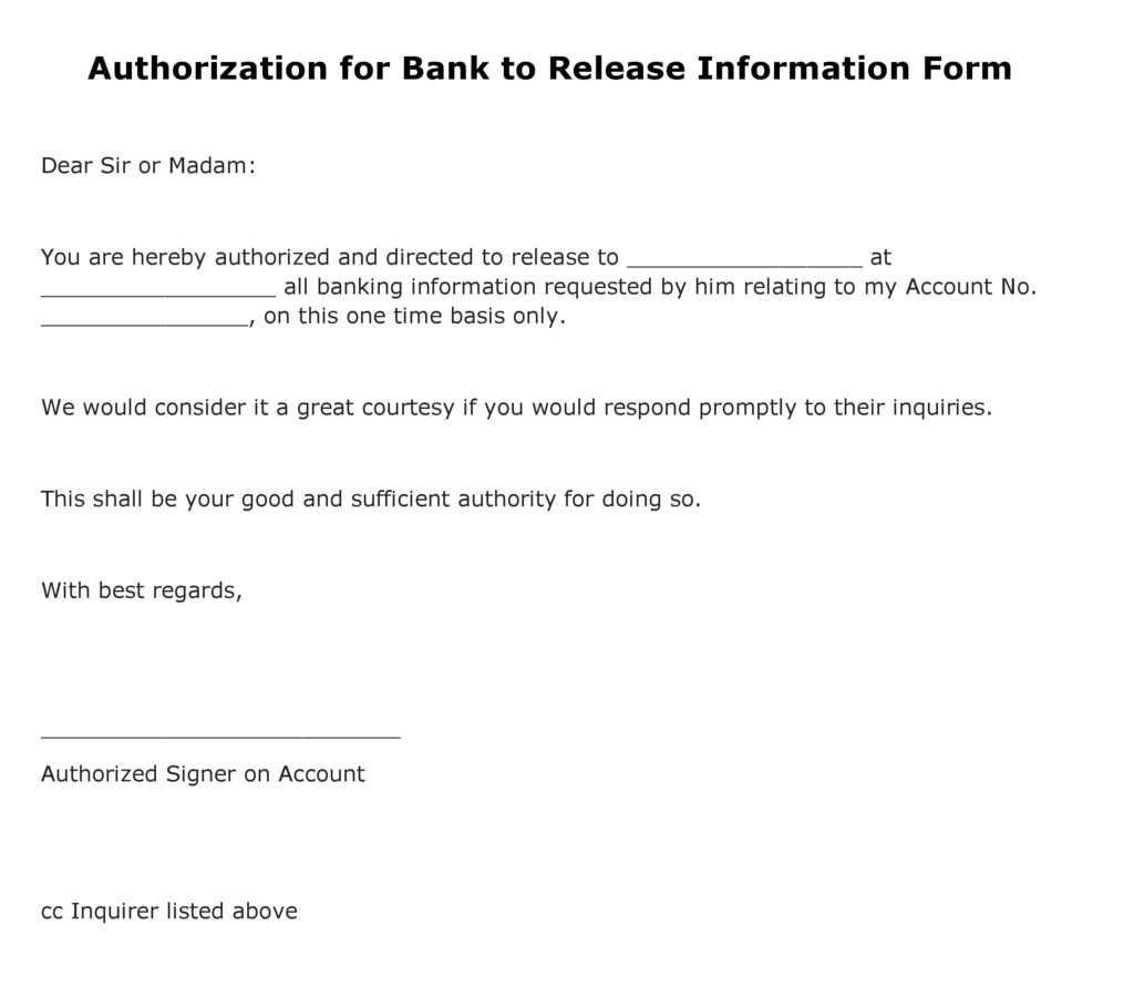 Free Authorization For Bank To Release Information Form PDF Template 