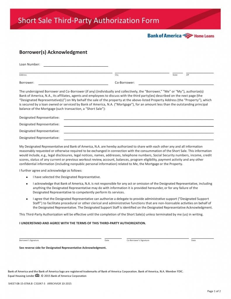 Free Bank Of America Third Party Authorization Form PDF Template