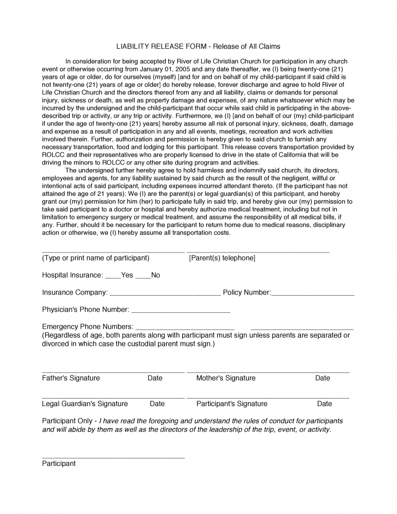 Free California Liability Release Form Release Of All Claims Form