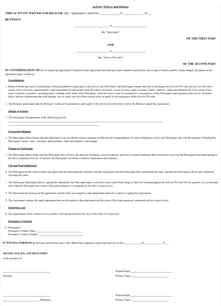 Free Connecticut Release Waiver Form Template Forms Legal