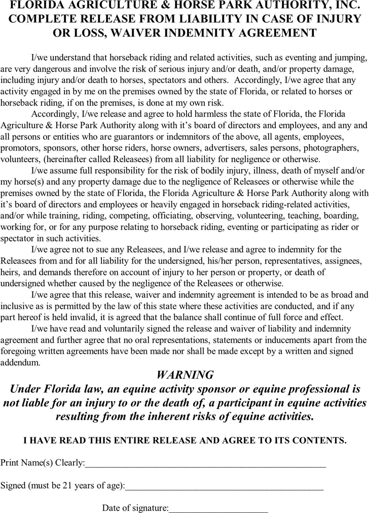 Free Florida Liability Release Form PDF 80KB 1 Page s