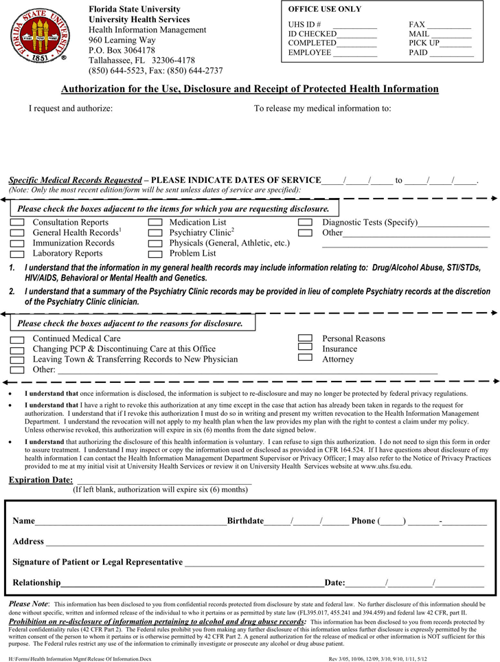 Free Florida Medical Records Release Form PDF 219KB 1 Page s 